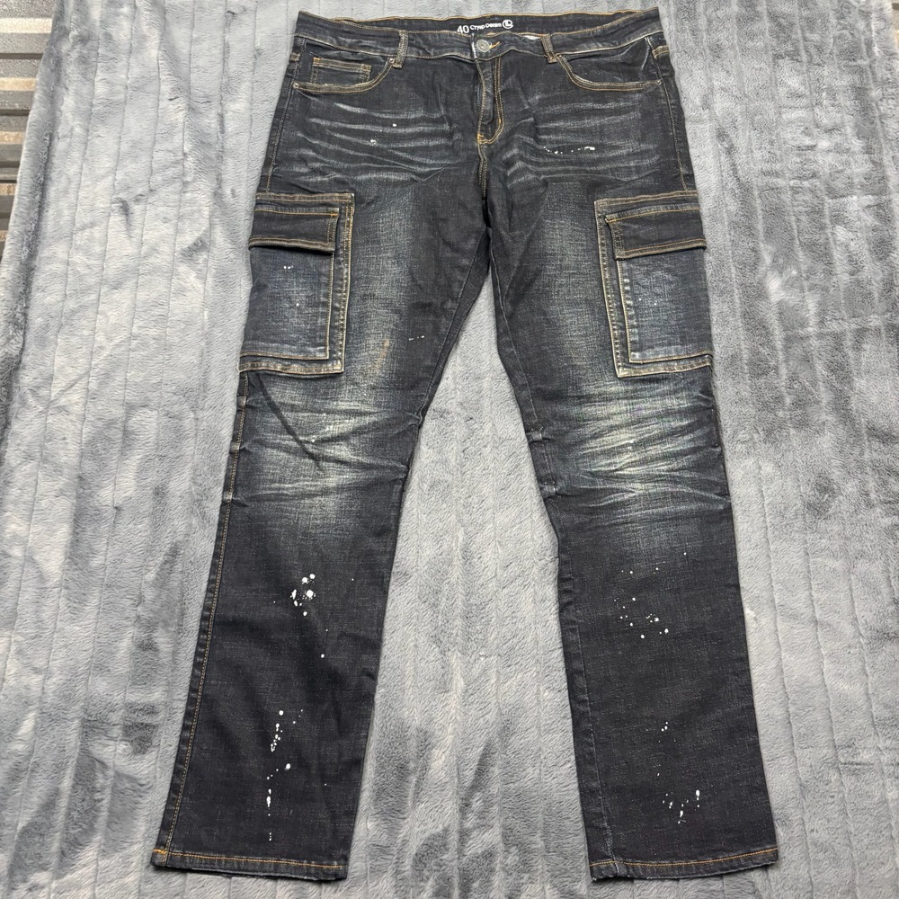 Crysp Denim Mens Dark Wash Paint Splatter Cargo Jeans 40 Distressed Streetwear